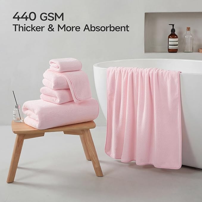 REDKISS 6 Piece Pink Towel Set, Extra Large Microfiber Bathroom Towels Set, 2 Bath, 2 Hand, 4 Washcloths, Super Soft, Highly Absorbent, Quick Dry Pink Towels for Bathroom, Gym, Spa & Hotel