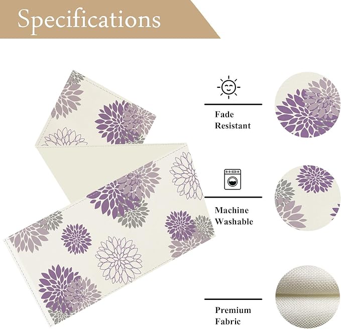 Purple Dahlia Table Runner Modern Elegant Flower Beige Table Runners Geometric Pompon Farmhouse Coffee Table Center Decor for Home Kitchen Dining Party Indoor Outdoor (13x108 Inch)