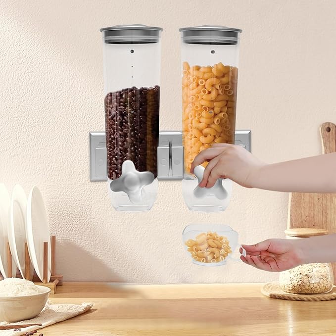 2 Pack Cereal Dispensers,Wall Mounted Dry Food Dispenser,Large Capacity Candy Dispenser,Grain Storage Dispenser,Rice Dispenser w/Cup for Kitchen Storage Oatmeal Snack Coffee Beans Nuts 3L (Silver)