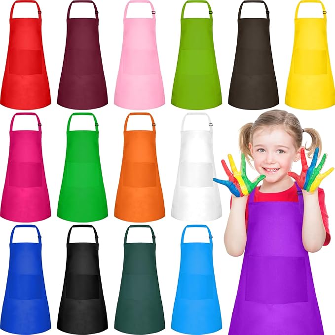 PLULON 12 Pcs Kids Aprons with 2 Pockets Painting Aprons for Kids Aprons Bulk, Paint Apron Adjustable Children Chef Aprons for Girls Boys Painting Baking Cooking Crafting - 12 Colors