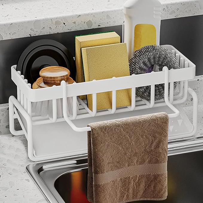 Sponge Holder for Kitchen Sink with Rag Holder, Kitchen Countertop Organizers and Storage Essentials, Rustproof Carbon Steel, Soap Dispenser Organize (White)