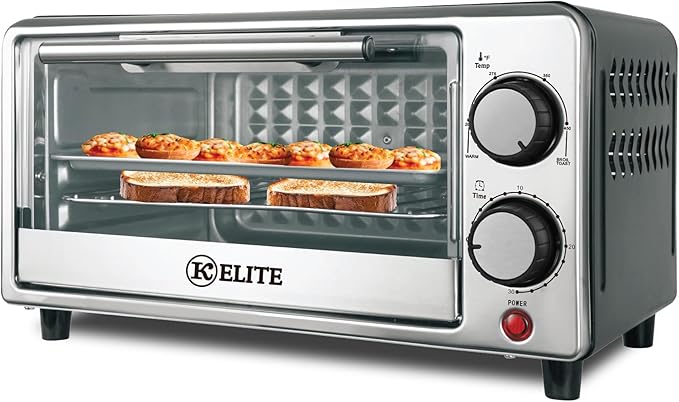Kitchen Elite 4-Slice Toaster Oven, Compact Countertop Appliance with Bake Tray, Wire Rack, Adjustable Timer, and Temperature Control, Black