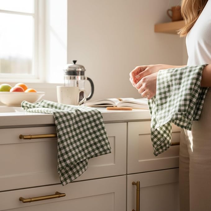Eight Owls Stonewashed Linen Kitchen Dish Towels - 20 x 27 inch – 100% Pure Linen Tea Towel/Hand Towel - Set of 2 (Green Check)