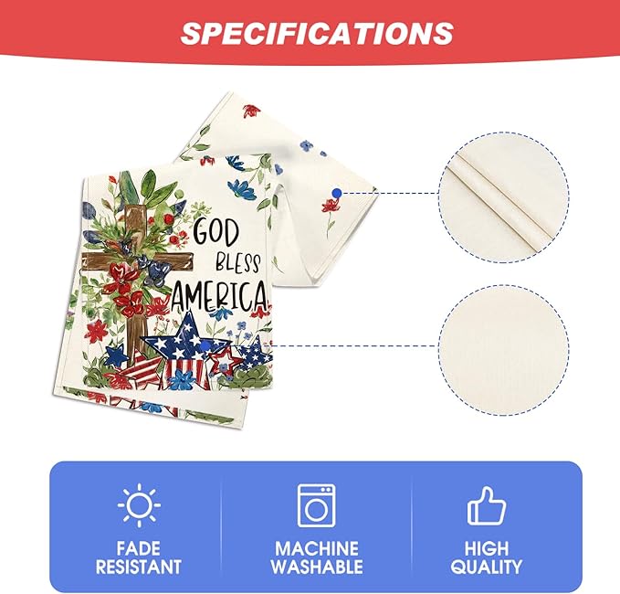 Artoid Mode Cross Star Floral Patriotic 4th of July Table Runner, Memorial Day Kitchen Dining Table Decoration for Home Party Decor 13x36 Inch