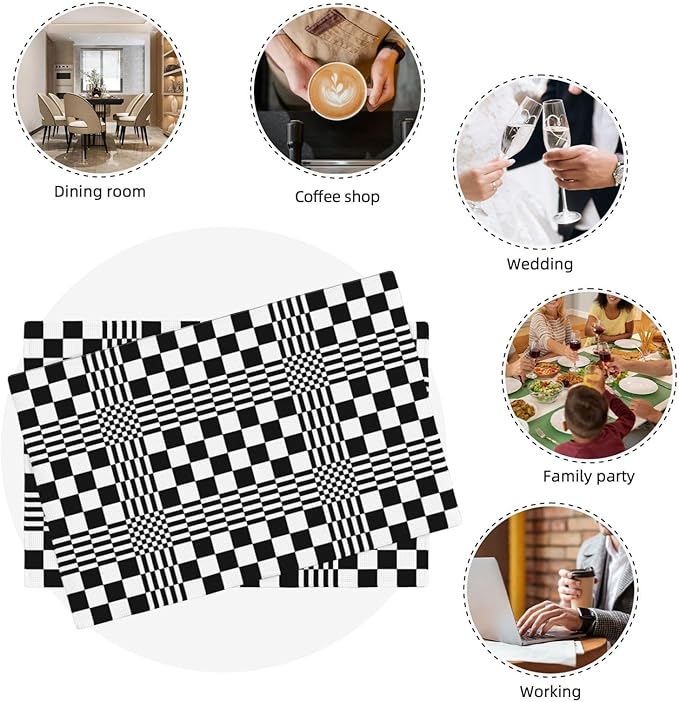 Modern Checkered Linen Placemats Set of 4, Retro Black & White Geometric Patterned Place Mats for Dining Table, Kitchen, Party, 12 x 18 Inch Non-Slip Heat Resistant White Black Table Mats, Home Decor