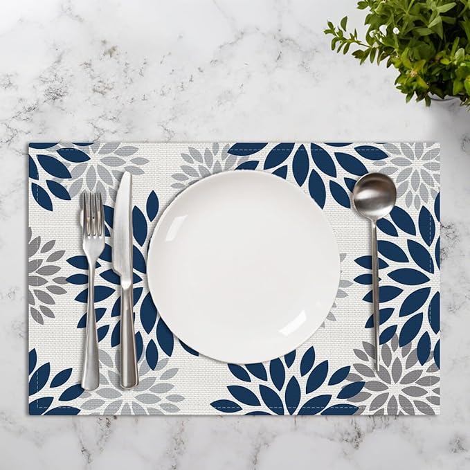 Navy Blue & Gray Floral 100% Polyester Placemats Set of 4, Flowers Table Mats, Washable Non-Slip Heat Resistant Table Mats for Party Kitchen Dining Table Decor, Housewarming Gifts for Women Mom Friend