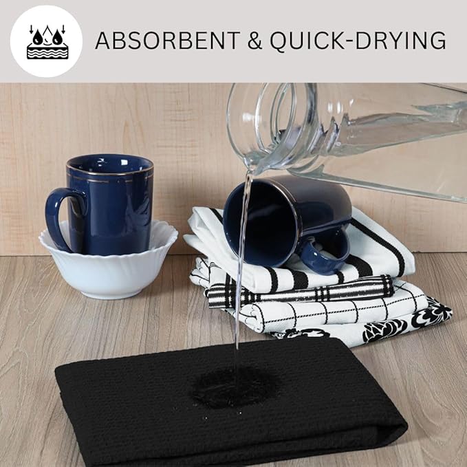 Assorted Kitchen Towels 100% Cotton 16x26 Inch - Super Absorbent, Soft & Quick Drying, Multi-Purpose for Drying & Cleaning, Ideal for Kitchen & Home Use, Set of 5 Low-Lint Dish Towels Black