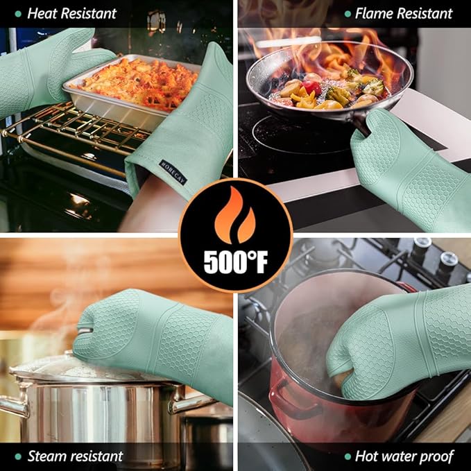 Rorecay 6pcs Oven Mitts and Pot Holders Sets Heat Resistant 500 Degrees, Extra Long Silicone Oven Gloves Non-Slip Potholders Hot Pads for Kitchen Baking Cooking, Quilted Liner, Bermuda Teal