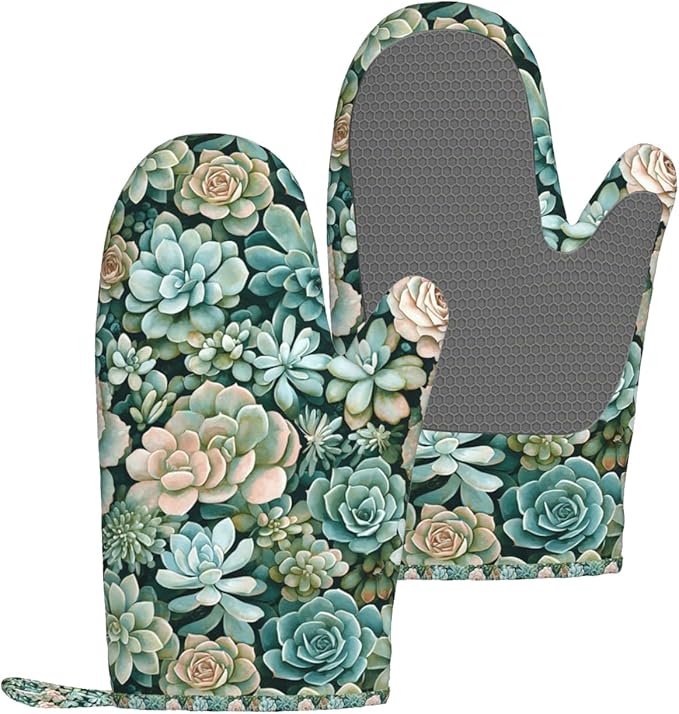 Succulents Silicone Oven Mitts Set of 2, Heat Resistant up to 500°F, Kitchen Oven Gloves with Non-Slip Grip and Soft Cotton Lining for Baking, Cooking and BBQ