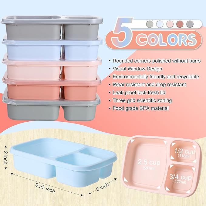 Honeydak 5 Pack Snack Containers 3 Compartment Bento Snack Boxes Divided Meal Prep Containers with Lids Reusable Adults Lunch Food Storage Box for School Work Travel(Blue Gray Brown)