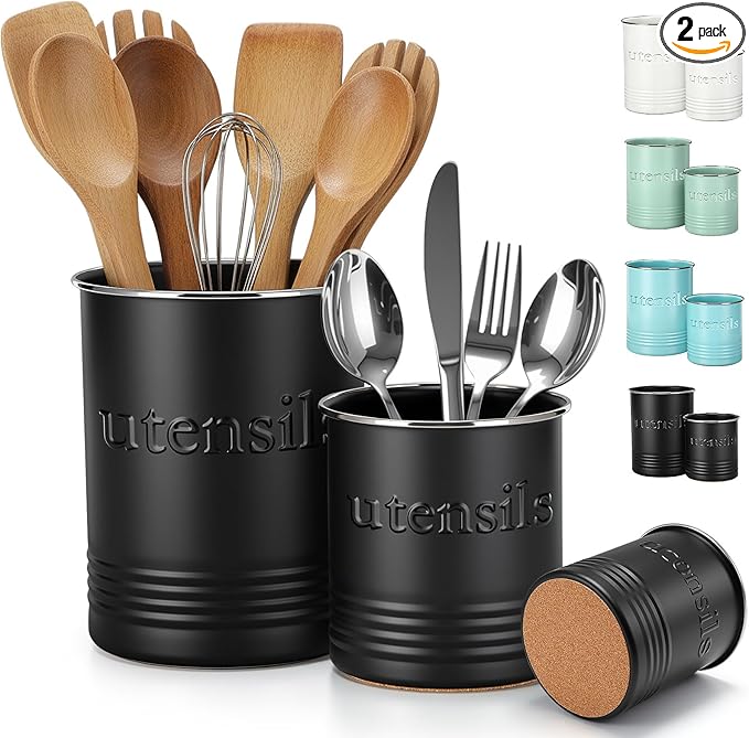 FoldTier 2 Pack Kitchen Utensil Holder for Counter 6.7"+4.7" Farmhouse Cooking Utensil Crock with Cork Bottom Modern Farmhouse Decors Countertop Storage Organizer Caddy Housewarming Gift(Black)