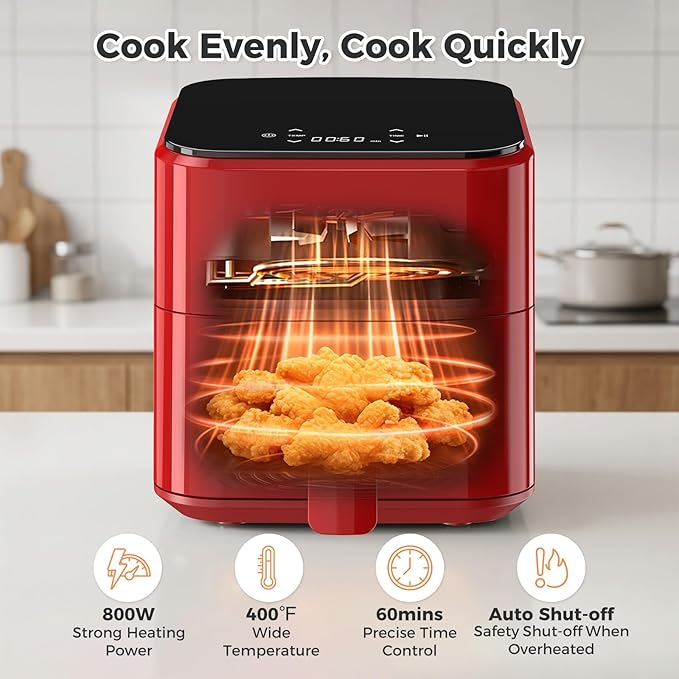 OLIXIS 3QT Air Fryer, Small Air Fryer with Digital PP Touch Panel, 400℉ Max Temp, Overheat Protection and Auto Shut-off, Nonstick and Dishwasher Safe Basket for Roast, Bake, Broil, Reheat, Red