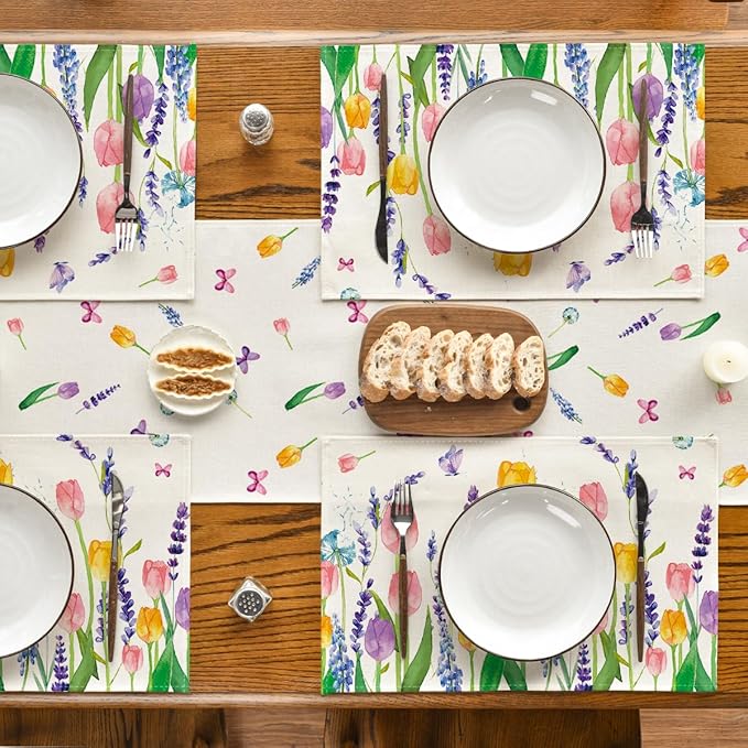 Artoid Mode Lavender Tulip Spring Placemats for Dining Table, 12 x 18 Inch Summer Seasonal Holiday Decoration Rustic Vintage Washable Table Mats Set of 4