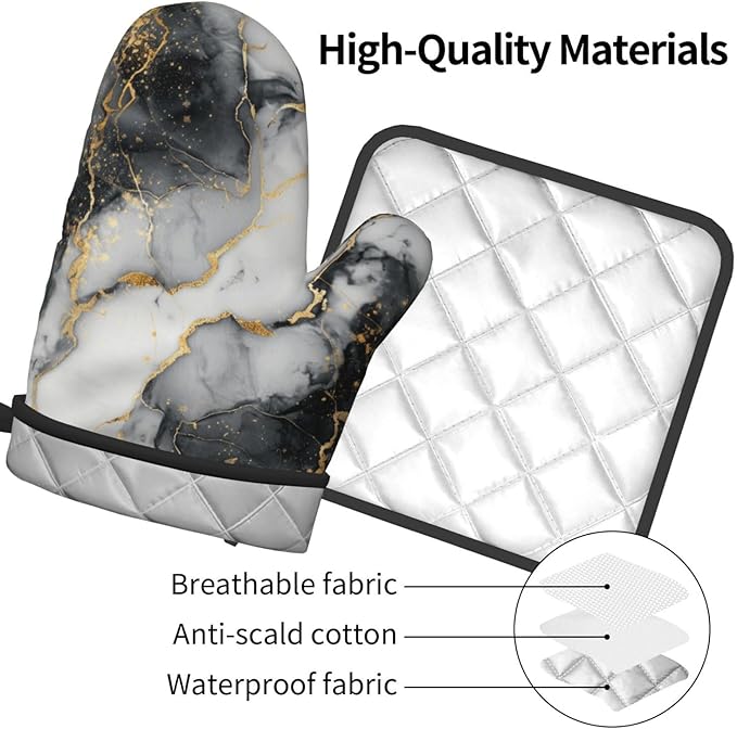 Black and White Marble Oven Mitts and Pot Holders Golden Texture Heat Resistant Oven Mitts Safe for Baking Cooking BBQ