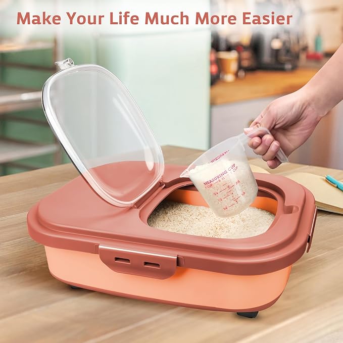 Komzon Rice Storage Containers, Collapsible 20 to 30Lbs Food Storage Bin Dispenser with Rolling Wheel and Clear Airtight Lid, BPA Free Flour, Sugar, Cereal and Dog Cat Pet food Containers