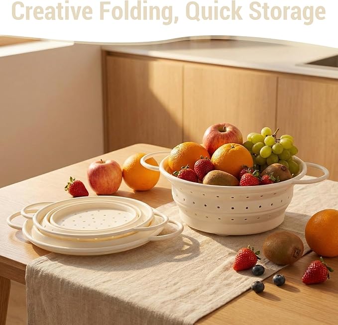 3 Pack Collapsible Colander with Strainer Bowl Set, 11 & 13 In BPA-Free Silicone Colanders for Kitchen, Heat-Resistant Strainer Dishwasher Safe Baskets for Vegetable Fruits(White)