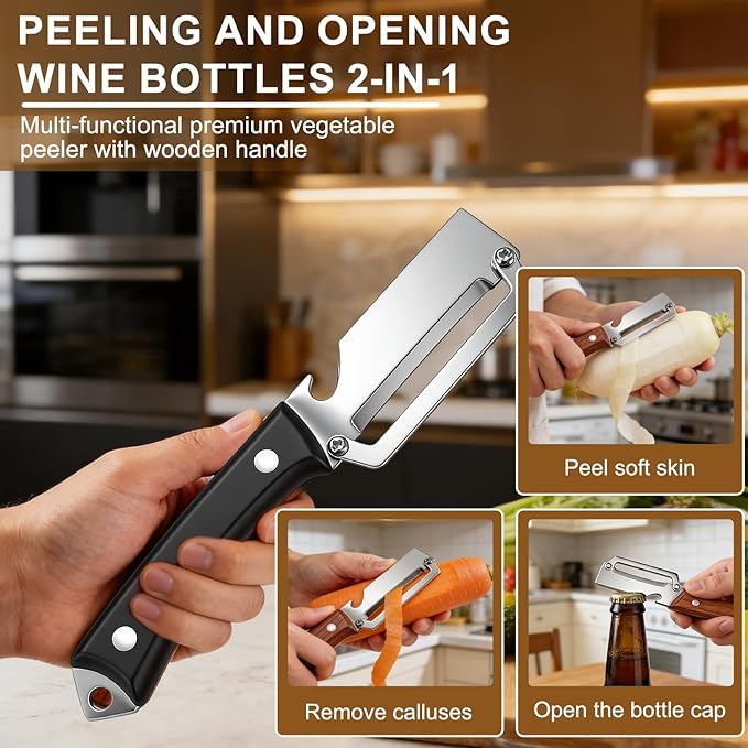 2PCS Premium 2-in-1 Vegetable Peeler with Wooden Handle, Stainless Steel Blade & Bottle Opener, Multi-Purpose Kitchen Tool for Apple, Potato, Pumpkin, Papaya & Various Fruits/Vegetables (Wood+Black)