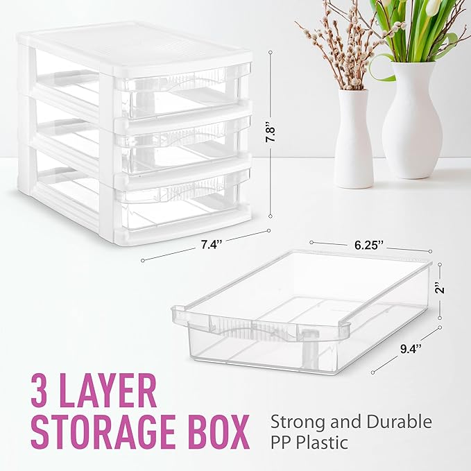 Tribello 3 Drawer Plastic Storage, Mini Drawer Unit, White Frame With Clear Drawers for Craft Storage - 10"L X 7.5"W X 8"H Inches - (2 Pack)