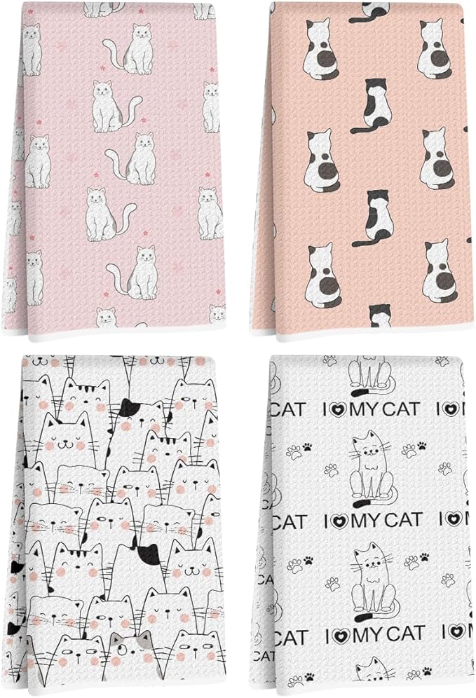 4 Pcs Adorable Cat Kitchen Towels, Decorative Absorbent Microfiber Dish Cloth Tea Towel, Waffle Soft Hand Towels for Farmhouse Home Bathroom, Cat Lover Gifts 2