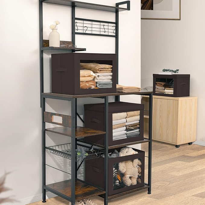 Homsorout Stackable Storage Bins with Lids - Large Storage Box with Lids, Foldable Closet Boxes for Organizing, Wardrobe Clothes Organizer with Window, Cubes Bins for Living Room, 6 Pack, Brown