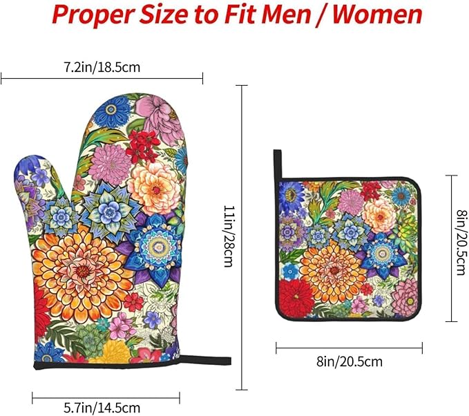 Boho Floral Oven Mitts and Pot Holders Sets of 3, Colorful Flowers Heat Resistant Kitchen Gloves Hot Pads, Chef Baking Gifts for Baker Women Mom Wife, Spring Easter Kitchen Gifts for Cooking Lover