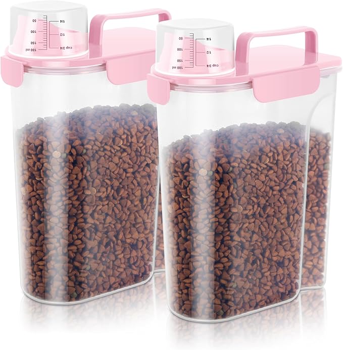LEAWALK 5-7Lbs Dog Cat Food Storage Container with Upgraded Large Nozzle BPA-free, 4 Snap Seals Plastic Pet Food Storage Containers with Handles (Light Pink, 5L-2pack)