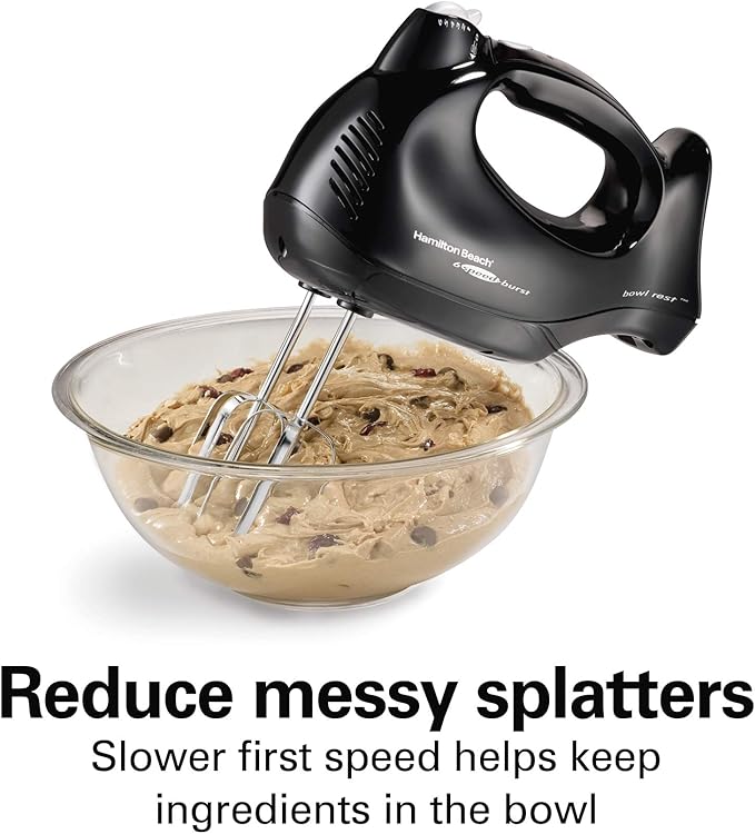 Hamilton Beach Power Deluxe 6-Speed Electric Hand Mixer with Snap-On Storage Case, QuickBurst, Beaters, Whisk, Powerful 250 Watt Motor, Bowl Rest, Black (62692)