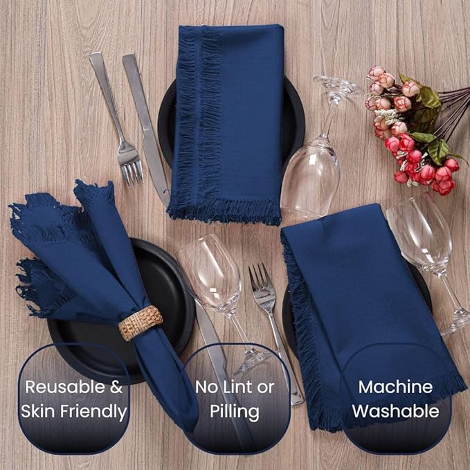 Cloth Dinner Napkins Fringes 100% Cotton Set of 6 - Perfect for Dining Special Occasions Wedding Holidays Christmas - Soft Durable Washable - Elegant 20x20 Inch Cloth Napkins Navy Blue
