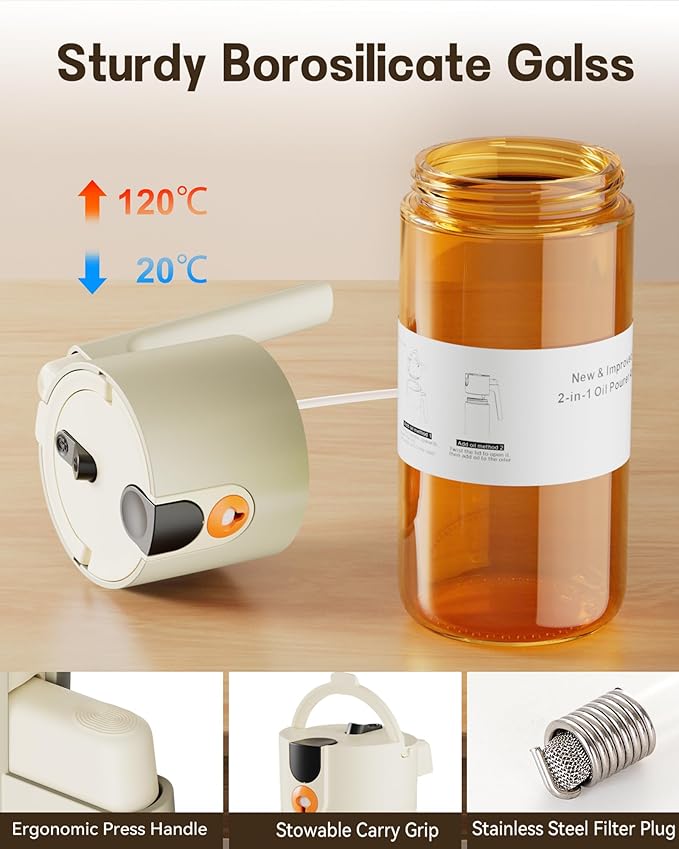 OURCABECUE Upgrade 2 in 1 Oil Sprayer for Cooking, 17oz Light-Blocking Glass Olive Oil Dispenser Bottle for Kitchen,Food-Grade Oil Mister with 8 Stickers for Salad, Frying (Brown Bottle-White Cap)