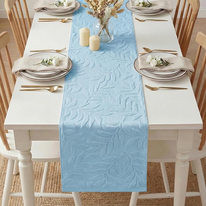 Artoid Mode Light Blue Soft Cotton Jacquard Leaves Spring Table Runner, Holiday Kitchen Dining Table Decoration for Home Party Decor 13x72 Inch