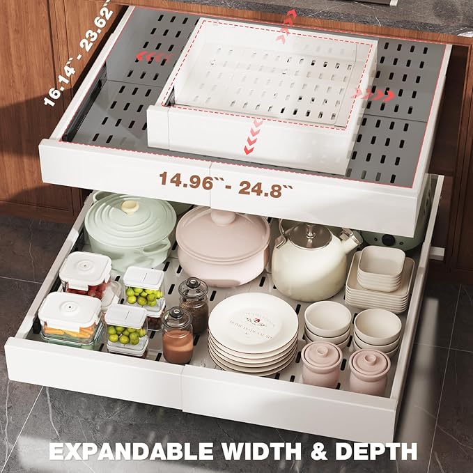 Seinloes 2 Pack Pull Out Cabinet Organizer Expandable Width(15"-25") and Depth(17"-24"),Slide Out Drawers With Raising Pad for Framed Cabinets,No Drill Roll Out Shelves for kitchen,Bathroom,White