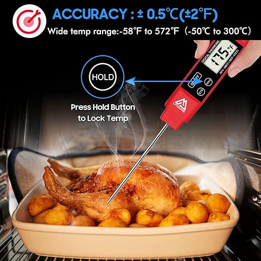 Digital Food Cooking Thermometer, 304 (18/10) Stainless Steel Thermometer Instant Read Meat Thermometer for BBQ Grill Smoker Milk and Water (Red)