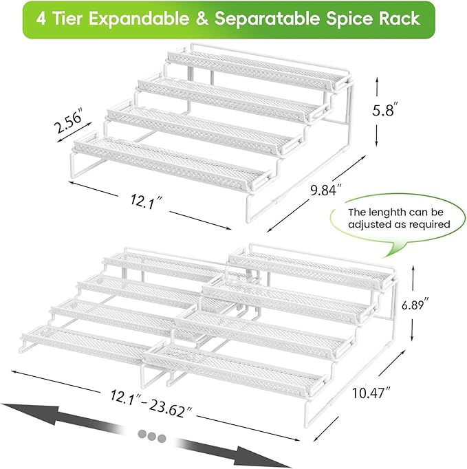 4 Tier Adjustable Spice Rack Organizer for Cabinet - White (2 PCS S&L) Expandable Spice Shelf with Protection Railing for Inside Cabinets, Countertop, Pantry Storage & Seasoning Organization