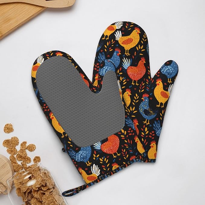 Chicken Silicone Oven Mitts Set of 2, Heat Resistant up to 500°F, Kitchen Oven Gloves with Non-Slip Grip and Soft Cotton Lining for Baking, Cooking and BBQ