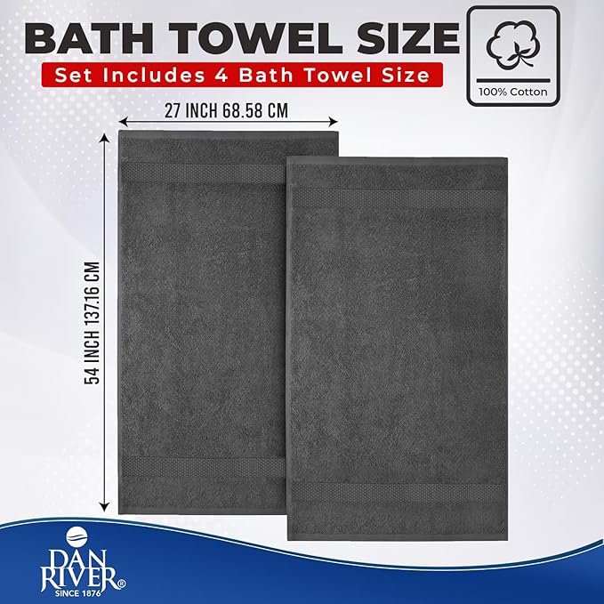 DAN RIVER Bath Towels Set of 4, 27 x 54 Inches, 100% Cotton, Larger & Lighter Weight, Quicker to Dry, Super Soft and Absorbent, Ideal Gray Bath Towels for Daily Use