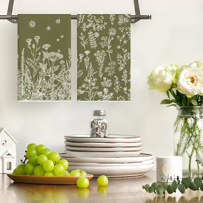 Artoid Mode Green Antique Herbs Wild Flowers Leaves Spring Kitchen Towels Dish Towels, 18x26 Inch Seasonal Decoration Hand Towels Set of 2