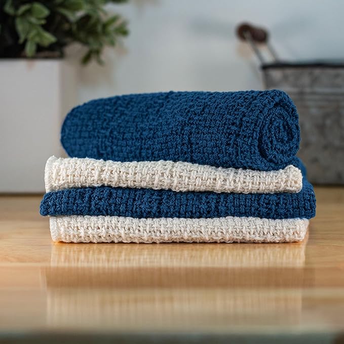 Old Fashion 100% Cotton Dishcloths - Set of 4 Mixed Colors - 2 Blue/2 Natural -11" x 11"