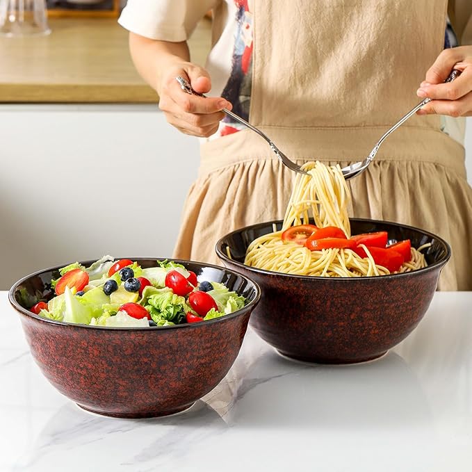 HASENSE Serving Bowls, 84 Ounce Ceramic Mixing Bowls Set of 2 for Kitchen, Large Salad Nesting Bowls for Cooking,Baking,Soup,Pasta,Fruit, Microwave & Dishwasher Safe(Red)