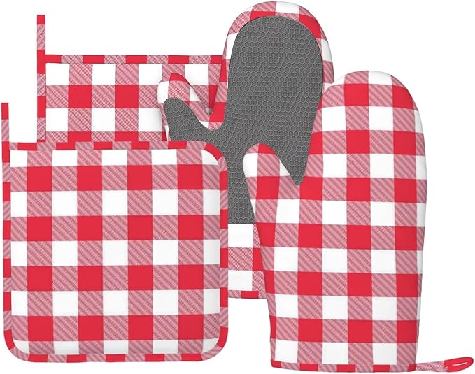 Red and White Checkered Oven Mitts and Pot Holders Set, 4pcs Red and White Plaid Silicone Oven Glove for Kitchen Heat Resistant Oven Mitts and Potholders Non-Slip for Cooking