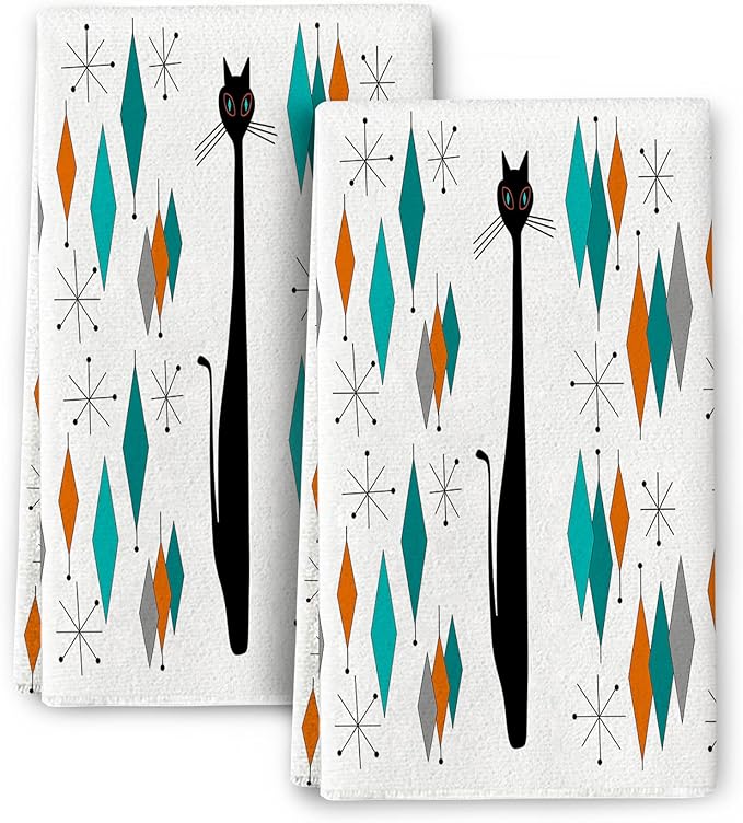 Mid Century Modern with Black Cat Kitchen Dish Towels 16"x24" Soft Absorbent Retro Hand Tea Towels for Kitchen Cooking Baking Farmhouse Bathroom Home Decor 2 Pieces