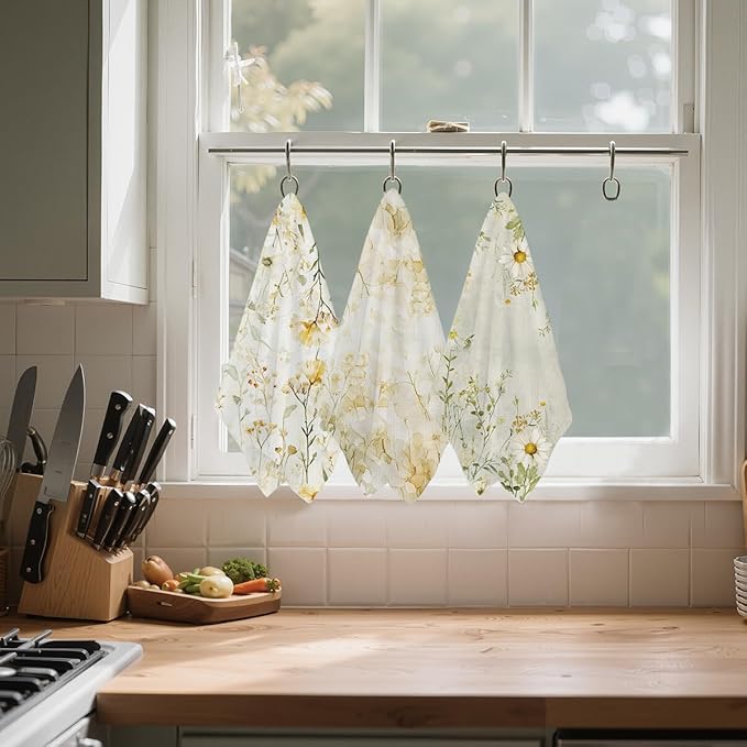 3 Pcs Floral Kitchen Towels, Cottage Core Decorative Absorbent Microfiber Dish Cloth Tea Towel, Durable Waffle Hand Towels for Farmhouse Home Bathroom, Housewarming Gifts for Women