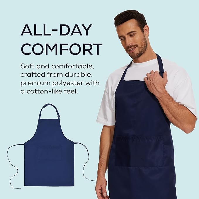 Will Well Kitchen Apron for Men and Women - 33" x 27" Oil-and-Water-Resistant with Adjustable Neck Strap and 38" Waist Ties for a Snug Fit, Lightweight with 2 Front Pockets - 1-Pack, Navy