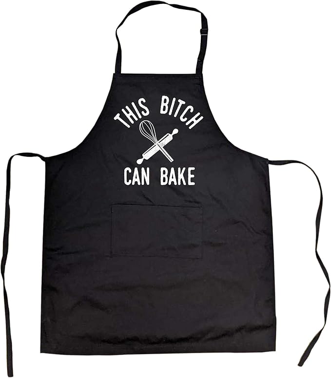 Crazy Dog T-Shirts Baking Apron – This Bitch Can Bake Design Featuring Whisk and Rolling Pin – Adjustable Straps and Pocket