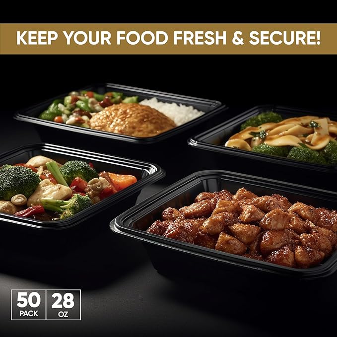 50 Pack (100 Piece) 28 oz Meal Prep Containers Reusable BPA Free Leakproof Stackable Food Storage Containers with Lids, Microwave & Dishwasher Freezer Safe To Go Bento Box Style Take Out Clear Plastic