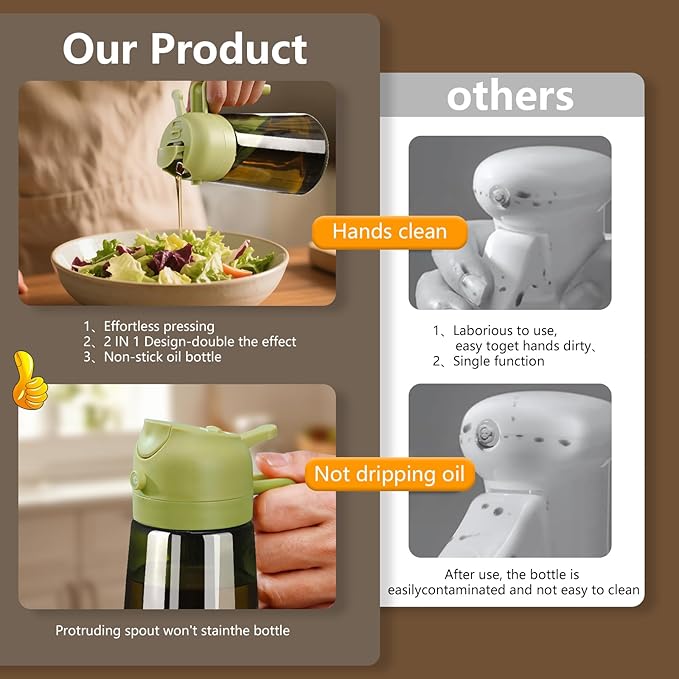 SWEET VIEW Olive Oil Dispenser and Oil Sprayer – 16oz/470ml Glass Light-Proof Oil Pourer for Kitchen, Air Fryer, Cooking, Salad, and BBQ