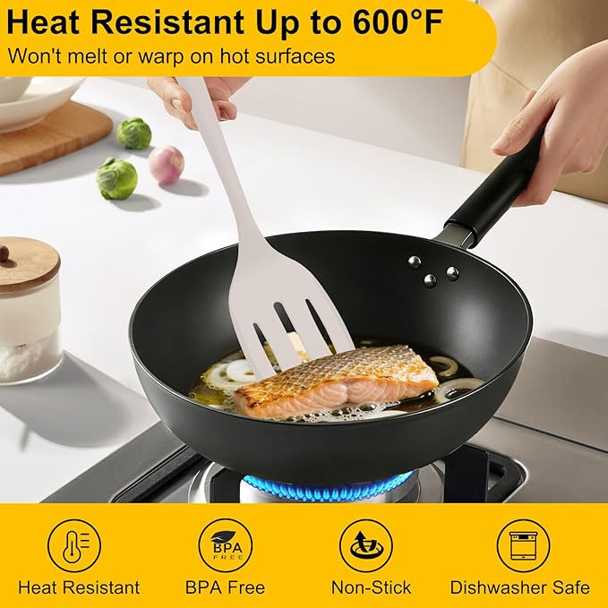 Beijiyi Silicone Spatula Set of 4, 600°F Heat Resistant, BPA Free Kitchen Spatula and Spoons for Nonstick Cookware, Solid & Slotted Turner Cooking Utensils for Serving, Flipping Egg, Pancakes (Khaki)