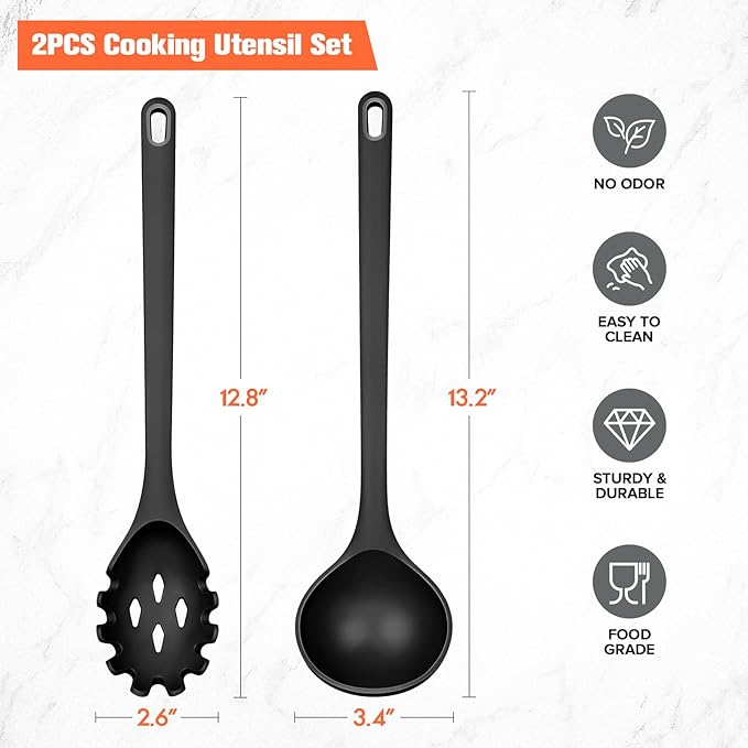 Silicone Spaghetti Spoon&Soup Ladle Cooking Utensils Set of 2,No Scratch for Nonstick Cookware,BPA Free, 450℉ Heat Resistant (BLACK)
