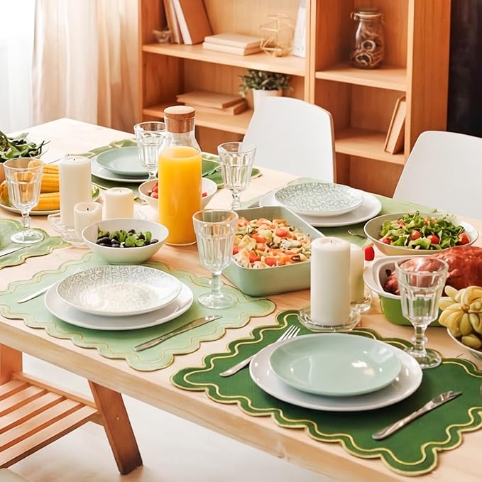 Whaline Sage Green Linen Placemats Embroidered Scalloped Kitchen Place Mats for Spring Party Home Dining Table Decor, Set of 8, 13 x 19 in
