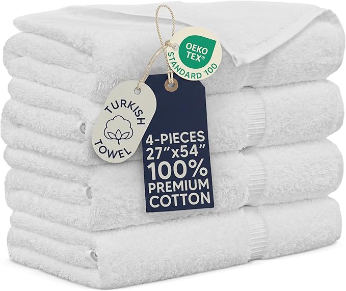 Towel Bazaar Premium Cotton Super Soft and Absorbent Turkish Towels (4-Piece Bath Towels, White)