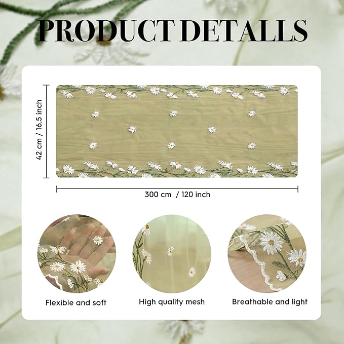 Artoid Mode Daisy Floral Fern Green Shaped Gauze Embroidery Table Runner 120 Inch 10FT, Tulle Spring Summer Kitchen Dining Table Decor for Home Party